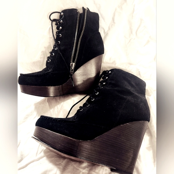 Coach Poppy black suede platform wedge boots. Size 8.5 - Picture 3 of 6